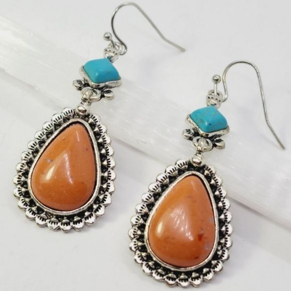 Boho Turquoise and Coral Silver Plated Drop Earrings - Picture 1 of 5